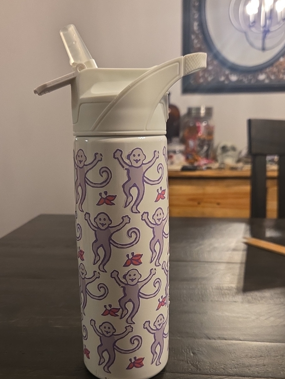 Roller Rabbit White Water Bottle with Purple Monkey Print